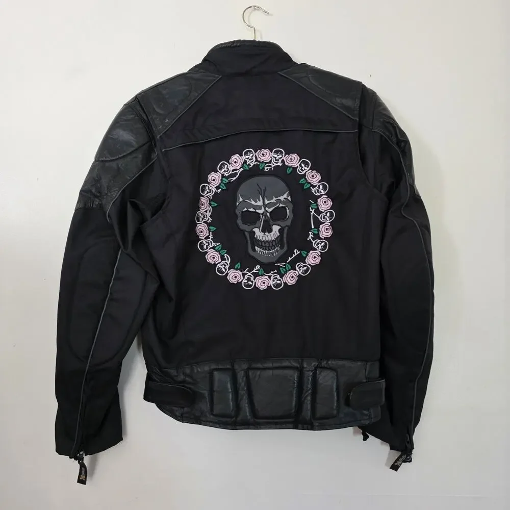 Xelement Skull Moto Jacket Womens L Black Roses Motorcycle Biker Embroidered